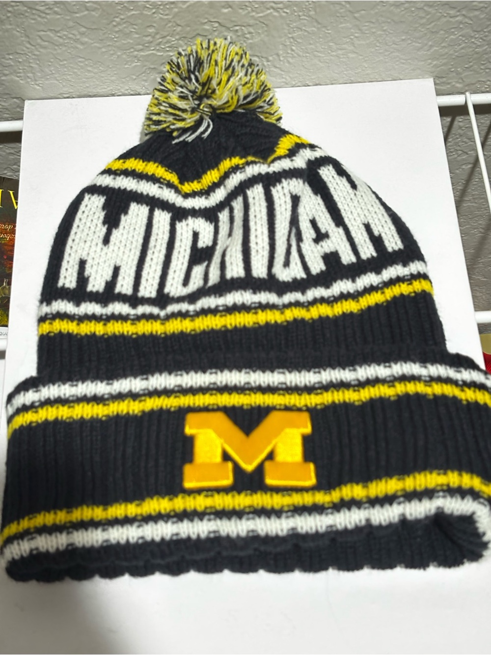 Michigan Wolverines Pom-Pom Knit Beanie Hat - Black, Yellow, White - Football